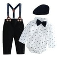 thumbnail image 3 of Karoyedx Toddler Boy Gentleman Outfit Christmas Baby Boy Suit Gentleman Outfit Clothes Set Infant Long Sleeve Dress Shirt+Suspender Pants+Bowtie+Beret Hat White Size,0-3 Months, 3 of 9
