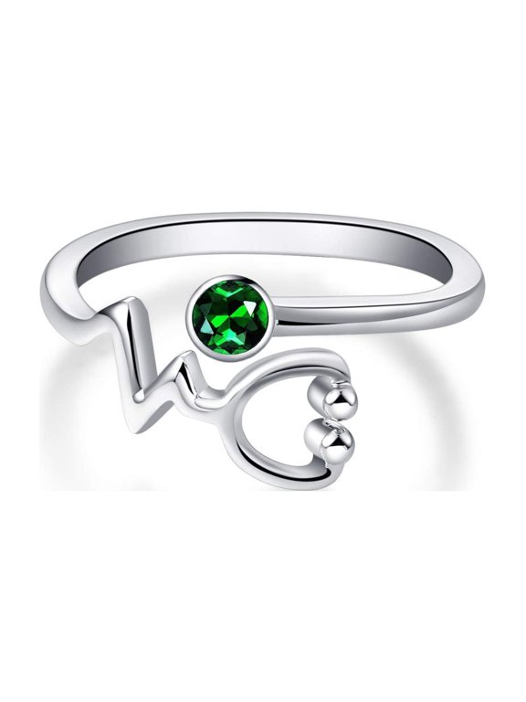Sterling Silver Heartbeat EKG Stethoscope Ring Embellished with Simulated Emerald Crystal from Austria, Stethoscope Jewelry for Medical Student Graduation RN Gifts for Nurse Female(Green)