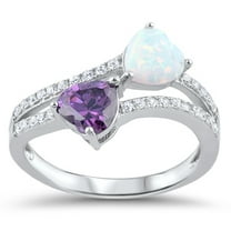 CHOOSE YOUR COLOR Simulated Amethyst White Simulated Opal Double Heart Ring .925 Sterling Silver Purple CZ Female Size 9