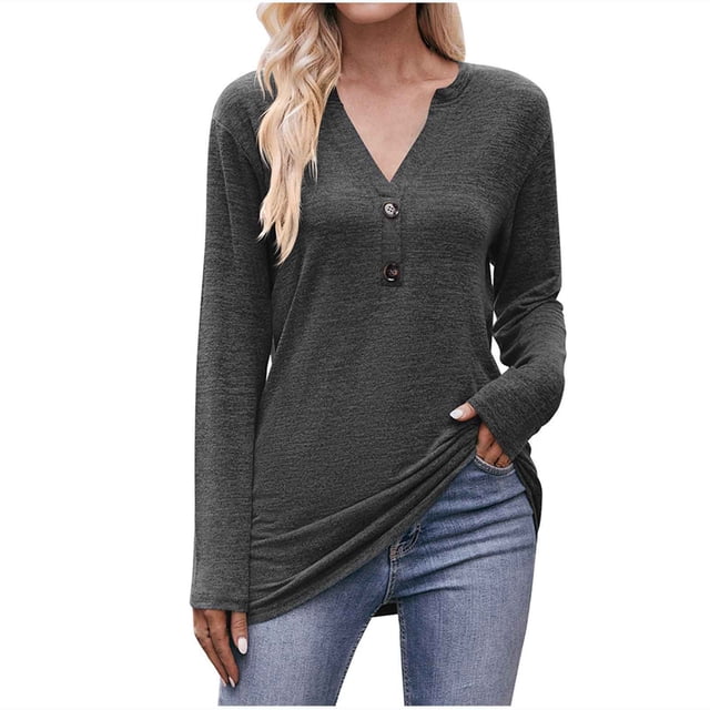 Yuyuzo Womens T Shirts Long Sleeve Tops V Neck Shirts Solid Color Basic Tees Tops Blouses