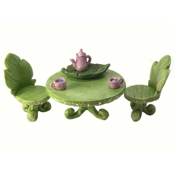Miniature Fairy Garden Furniture set:  Leaf Bistro Set with Tea Set for Fairies and Garden Gnomes