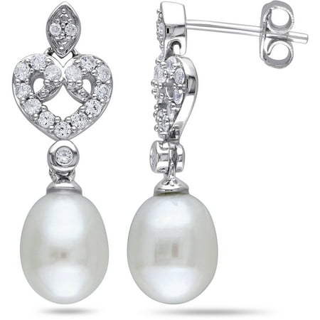 Miabella 8-8.5mm White Rice Cultured Freshwater Pearl and 3/5 Carat T.G.W. Created White Sapphire with Diamond Accent Sterling Silver Heart Earrings