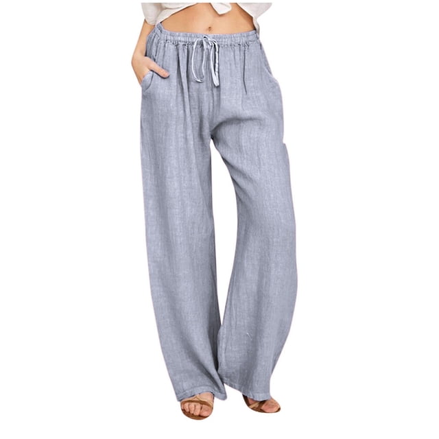 Pantalones anchos de lino de color liso con cintura elástica para mujer - Pantalones informales con cordón - Adecuados para todas las estaciones/actividades de playa