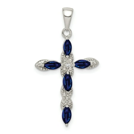 925 Sterling Silver Sapphire and Diamond Cross Shaped Pendant