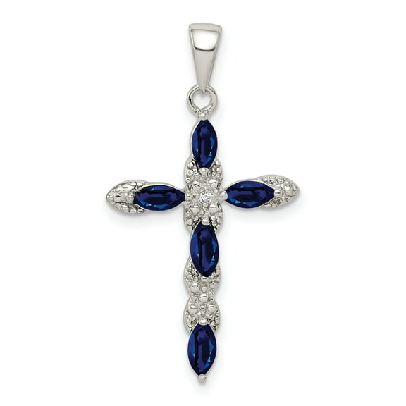925 Sterling Silver Sapphire and Diamond Cross Shaped Pendant