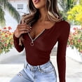 thumbnail image 7 of VEKDONE Womens Sexy Tops Long Sleeve Zipper V Neck Shirts Ribbed Knit Low Cut Tops Fall Stretch Slim Fit Shirts Solid Color Fashion Blouses Wine XL, 7 of 7