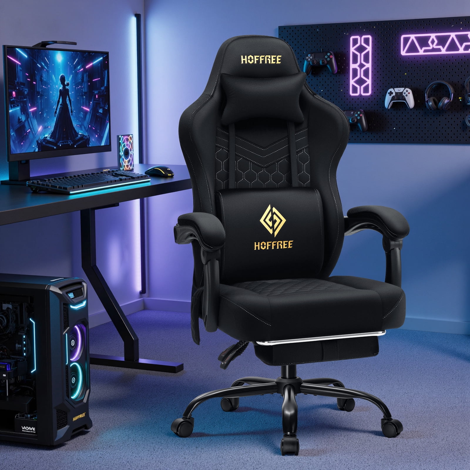 HOFFREE Gaming Chair with Massage and Footrest Skin-friendly Gamer Chairs for Adults Big and Tall Video Game Chair with Headrest and Lumbar Support for Office and Home Black