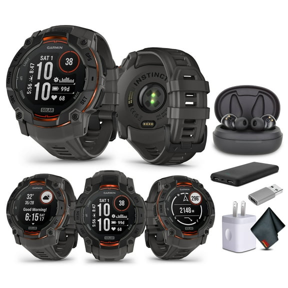 Garmin Instinct 3 50mm GPS Smartwatch Solar Charged Display Charcoal (010-02935-00) with Earbuds Bundle