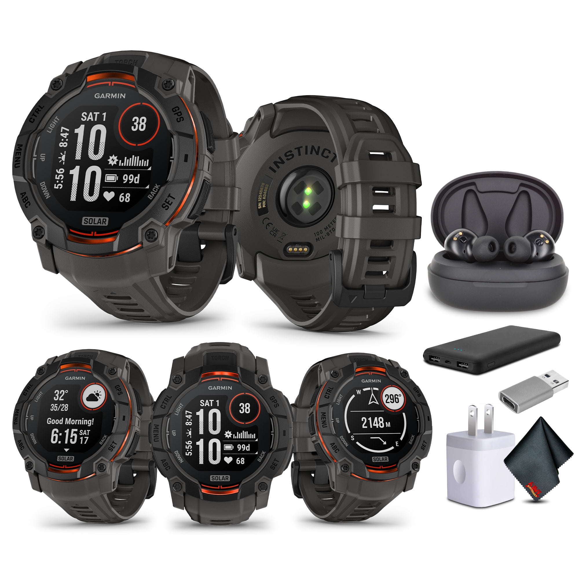 Garmin Instinct 3 50mm GPS Smartwatch Solar Charged Display Charcoal (010-02935-00) with Earbuds Bundle