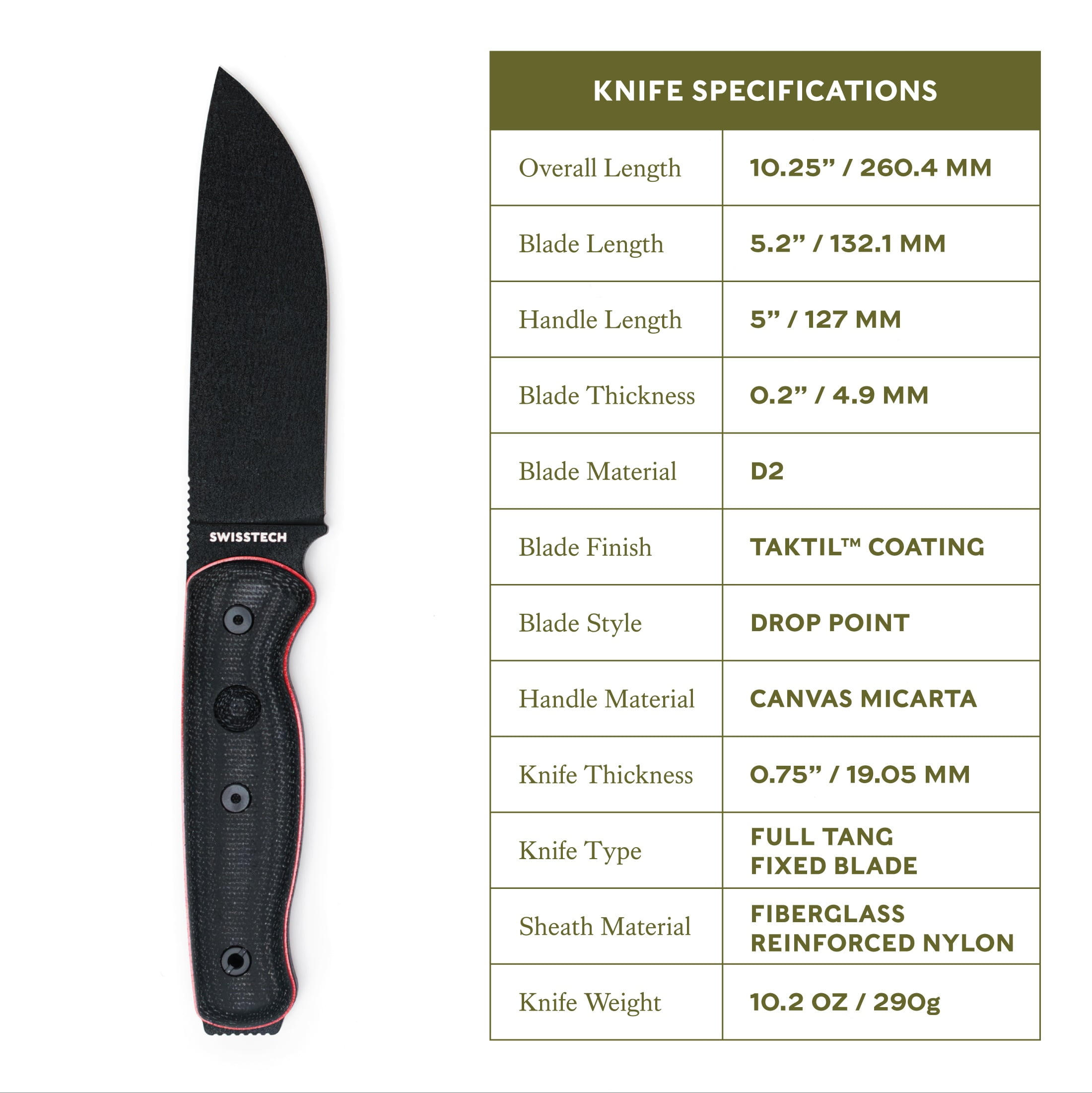 Swiss Tech Kraftig 10.25'' Large Bushcraft Fixed Blade Knife, Taktil D2 Steel Blade, Canvas Micarta, with Premium Hard Sheath