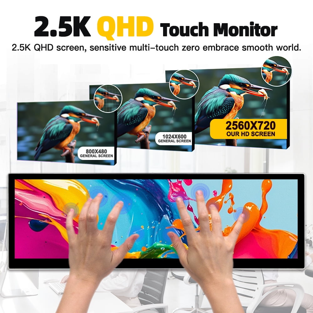 14.5 Inch 2.5K Portable Long Strip Touchscreen QHD 2560×720 IPS 10-Point Capacitive Touch Monitor HDMI & USB-C External Screen with Built-in Stereo Speakers Plug & Play for Laptop Raspberry Pi 5 Wind