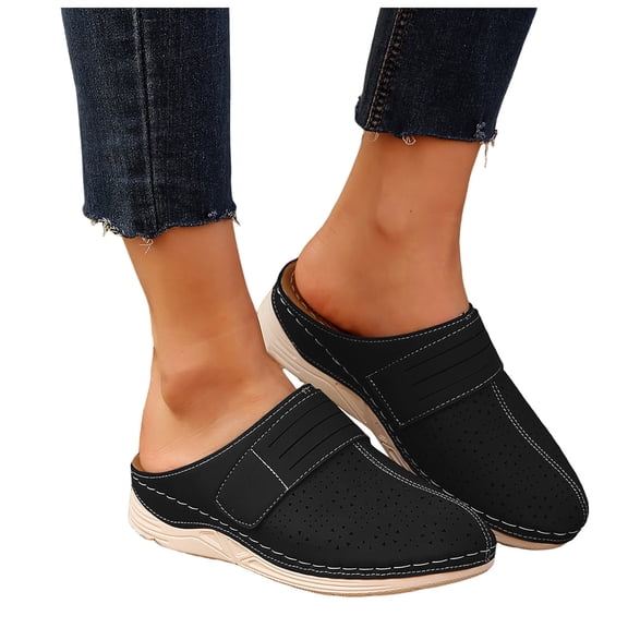 Rokment Womens Orthotic Clogs and Mules Comfortable Arch Support Walking Slides Sandals Fashion Casual Breathable Leather Closed Toe Platform Wedge High Heel Slp on Beach Summer Shoes Black Size 6