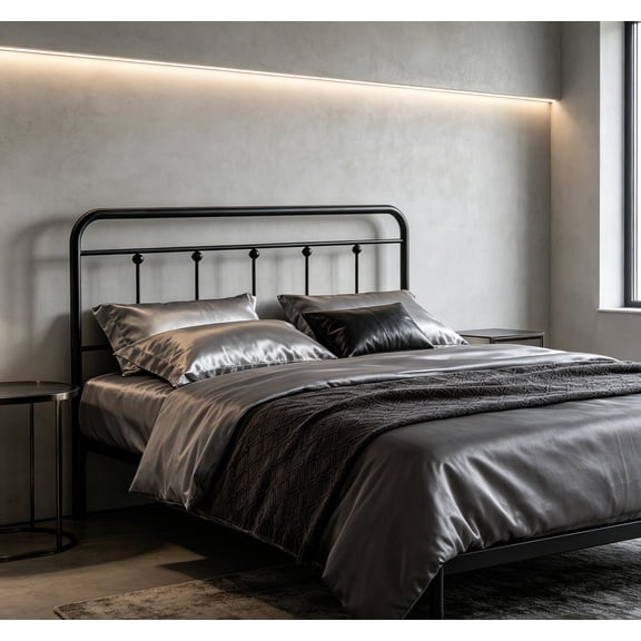 Queen Size Headboard with Black Metal Construction, Adjustable Height, Sturdy Farmhouse Wrought Iron