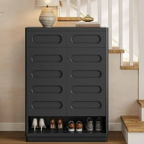 Black Shoe Storage Cabinet with 2 Drawers and 4-Tier Shelves, Wood Closet Shoe Cabinet with Door & Open Storage, Tall Freestanding Shoe Rack Organizer for Entryway Hallway