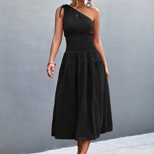 Mefallenssiah Mode Femmes Été Biais Cou Casual Solide Sans Manches Parti Club Longue Robe