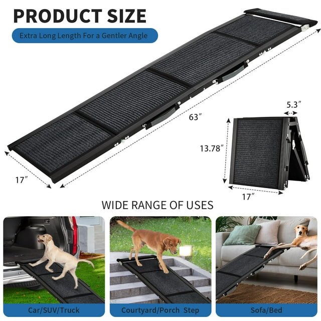 EDTara PeakPursuit Extra Wide Dog Ramp for Cars - 63" Long x 17" Wide Portable Pet Ramp for Large Dogs with Non-Slip, Surface & Side Rails, Dog Car Ramp for SUV Car & Truck
