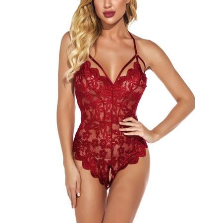 

Avamo Ladies Bodysuit Lace Floral Babydoll Deep V Lingerie Teddy Sleepwear Mini Club Nightwear Wine Red L