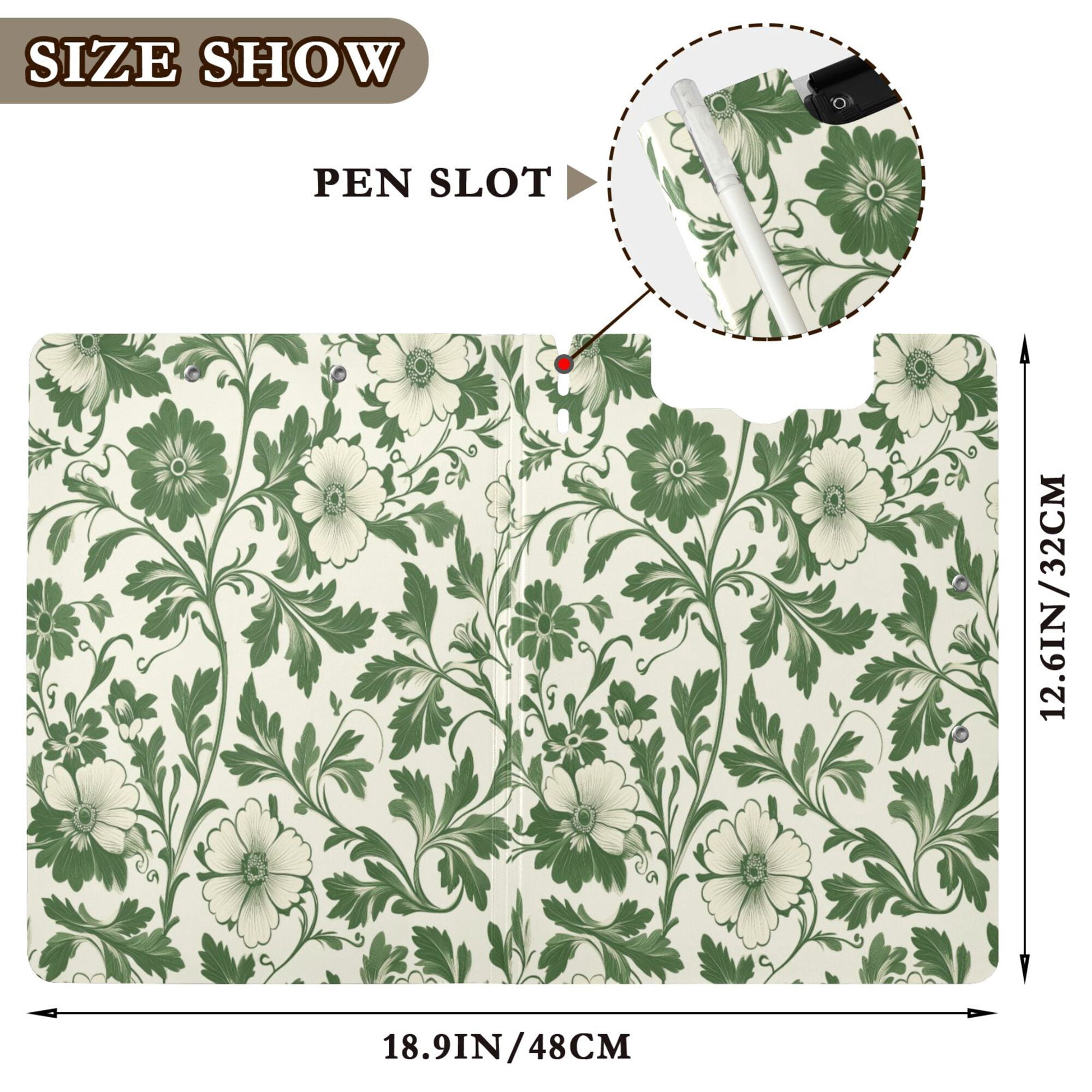 FORMRS A4 Clipboard Folder with Pen Holder Horizontal Foldable School Office Binder, Green Floral