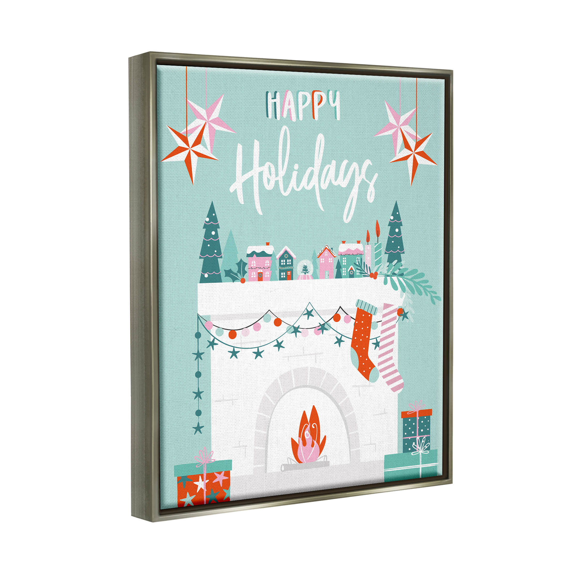 Happy Holidays Festive Mantle Stockings Holiday Graphic Art Luster Gray Framed Art Print Wall Art