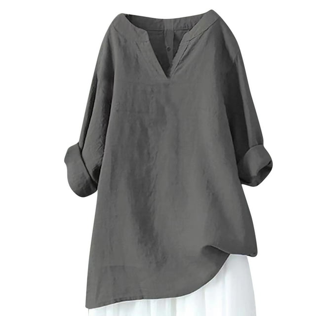 IROINID Économies Chemises Grande Taille pour Femmes Chemises en Coton pour Femmes Col Fendu Décontracté Manches Longues Chemises Amples en Coton et Lin Chemises d'Été Blouse, Gris Foncé