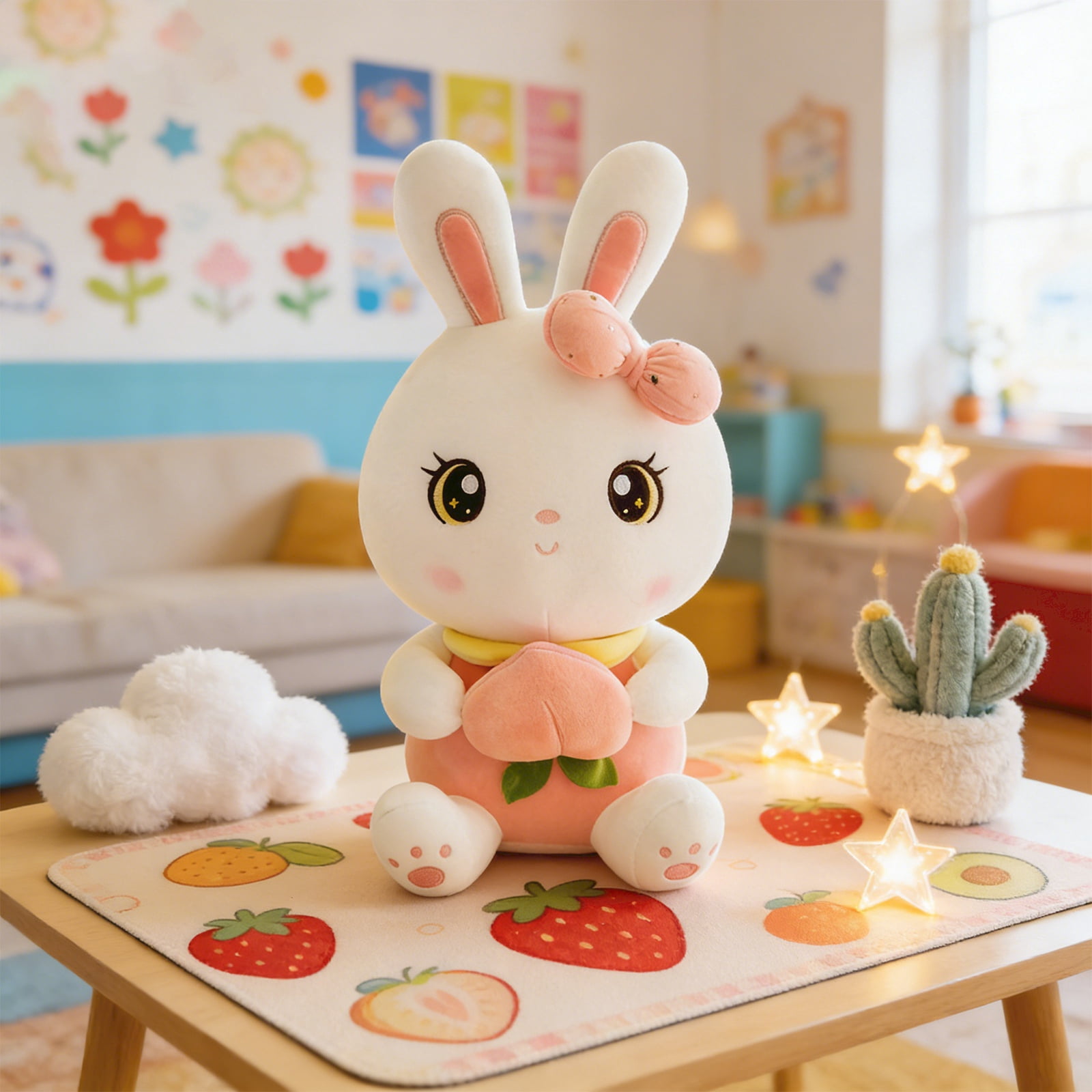 Cute Cartoon Bunny Plush Toy Holding Peach, Soft Rabbit Stuffed Animal Doll for Home Decor and Holiday Gifts, Adorable Animal Character Plushie 19.69-inch