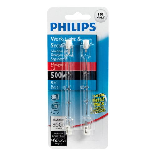 Philips Halogen 500-Watt T3 Work and Security Light Bulb, Clear Bright White, Dimmable, Double Ended Base (2-Pack)