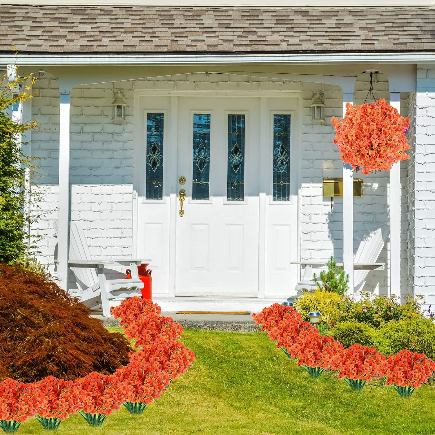 6 Bundles Artificial Flowers for Outdoors, Fake Silk Violet Flowers Faux Plants UV Resistant for Hanging Planters Window Box Front Porch Indoor Outside Decorations (Orange)