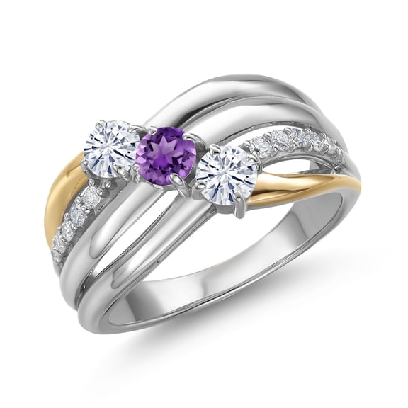 Gem Stone King 925 Silver and 10K Yellow Gold Moissanite and Purple Amethyst and Lab Grown Diamond Engagement Ring for Women | 0.86 Cttw | Round 4MM | Birthstone | Size 9