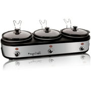 MegaChef Slow Cookers and Buffet Server with 3 Ceramic Cooking Pots and Removable Lid Rests, 2.5 Quart, Brushed Silver & Black