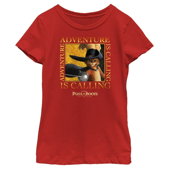 Girl's Puss in Boots: The Last Wish Adventure is Calling Graphic Tee Red Medium
