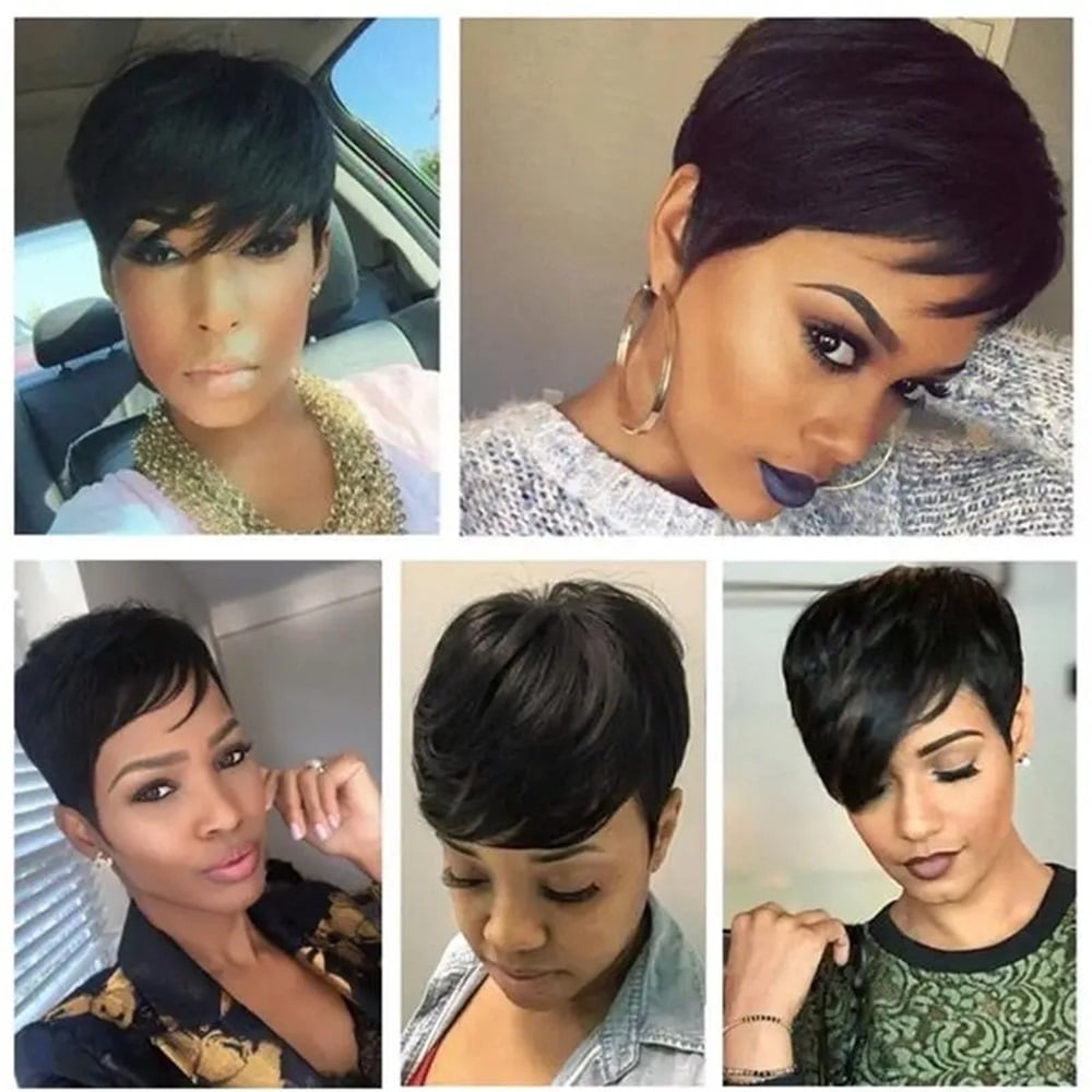 Pixie Cut Wigs Brazilian Human Hair Short Bob Wig with Bangs Layered Pixie Cut Wig