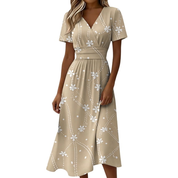 Boho Dresses for Women Short Sleeve Crossover Wrap V Neck Summer Dress Casual Loose A-Line Knee Length Swing Dress
