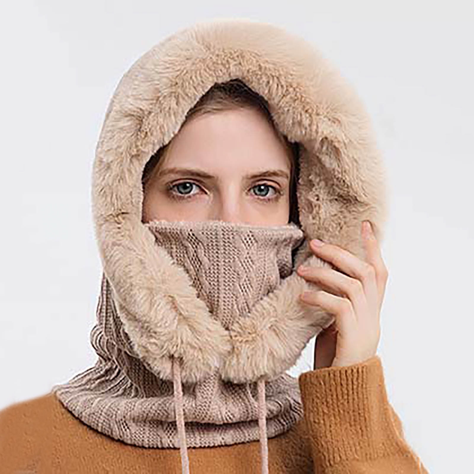 GPOECD Winter Thermal Hooded Face for Women Outdoor Ski Riding Cold Weather Protective Headgear with Integrated Bib Beige,One Size