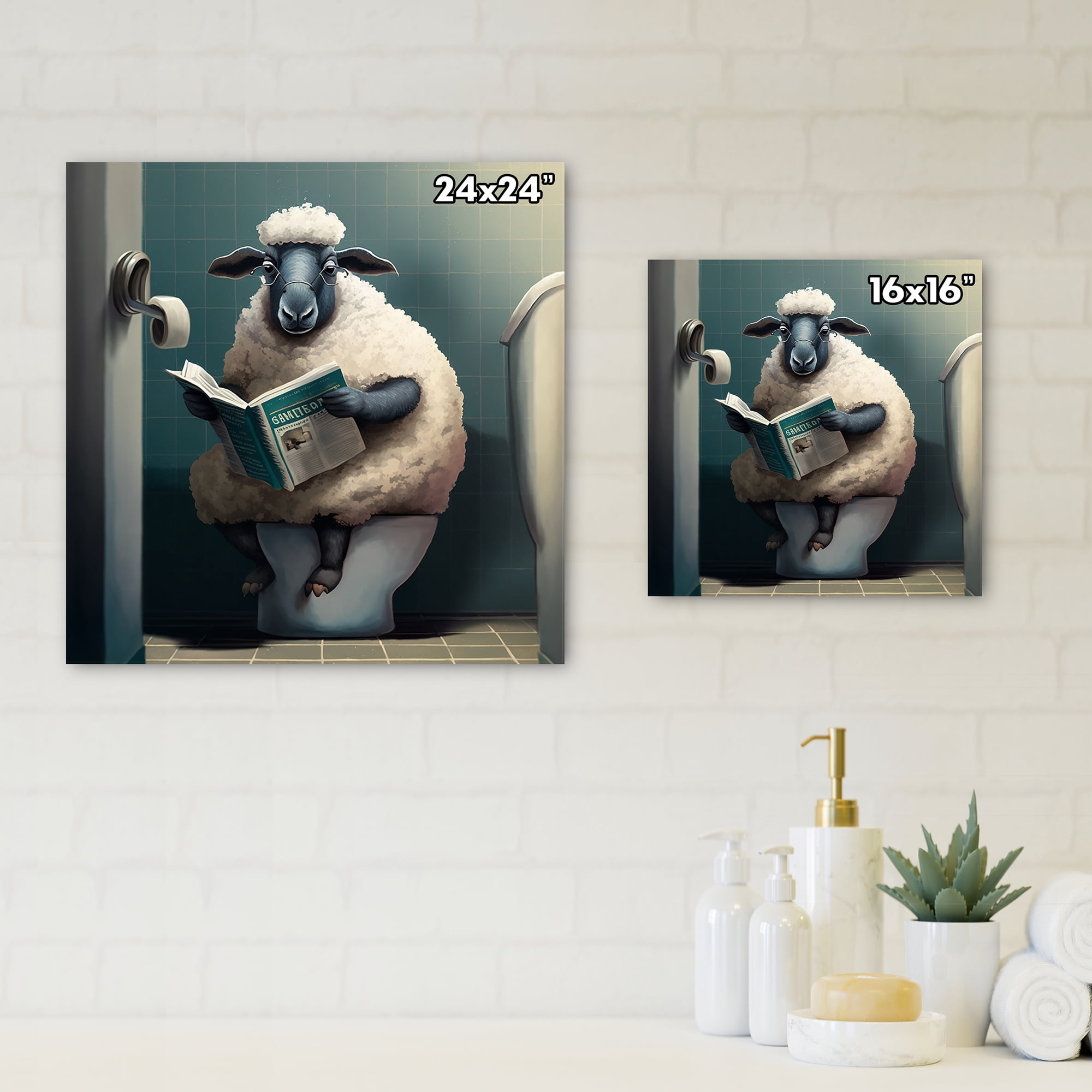 Designart Sheep On Toilet Reading News Canvas Wall Art