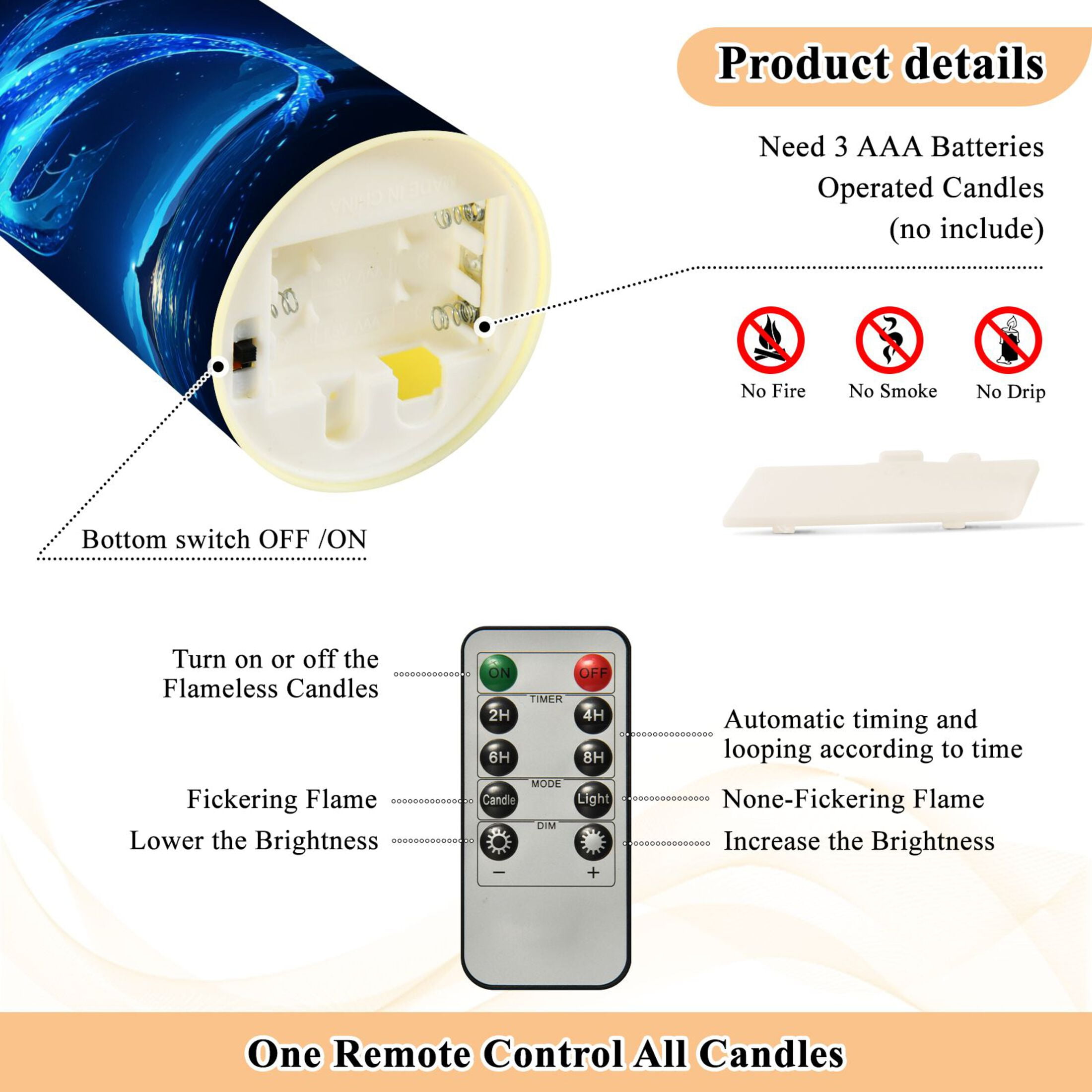 2 PCS Tilted Flameless Candles Flickering LED Lights Battery Operated Candles with Remote Timers for Holiday Decor Glowing Blue Creature