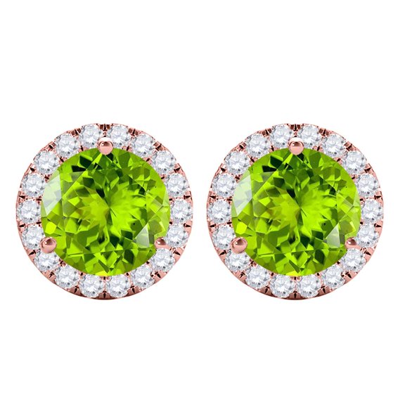 Gemstone Diamond Studs Earrings For Women 1.95 Carat 6MM Natural Round Peridot With Natural Round Diamond Studs Push Back Earrings For Ladies In 10K Solid Rose White Yellow Gold