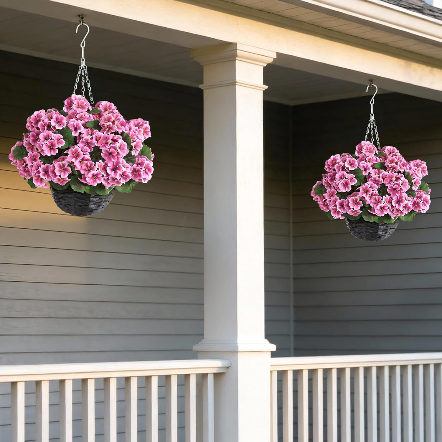 2 Set Artificial Geraniums Flowers with Hanging Baskets for Outdoors - Sun Resistant Silk with Geranium Flowers, Fake Hanging Planters for Front Porch Garden Patio Home Decor (Pink)