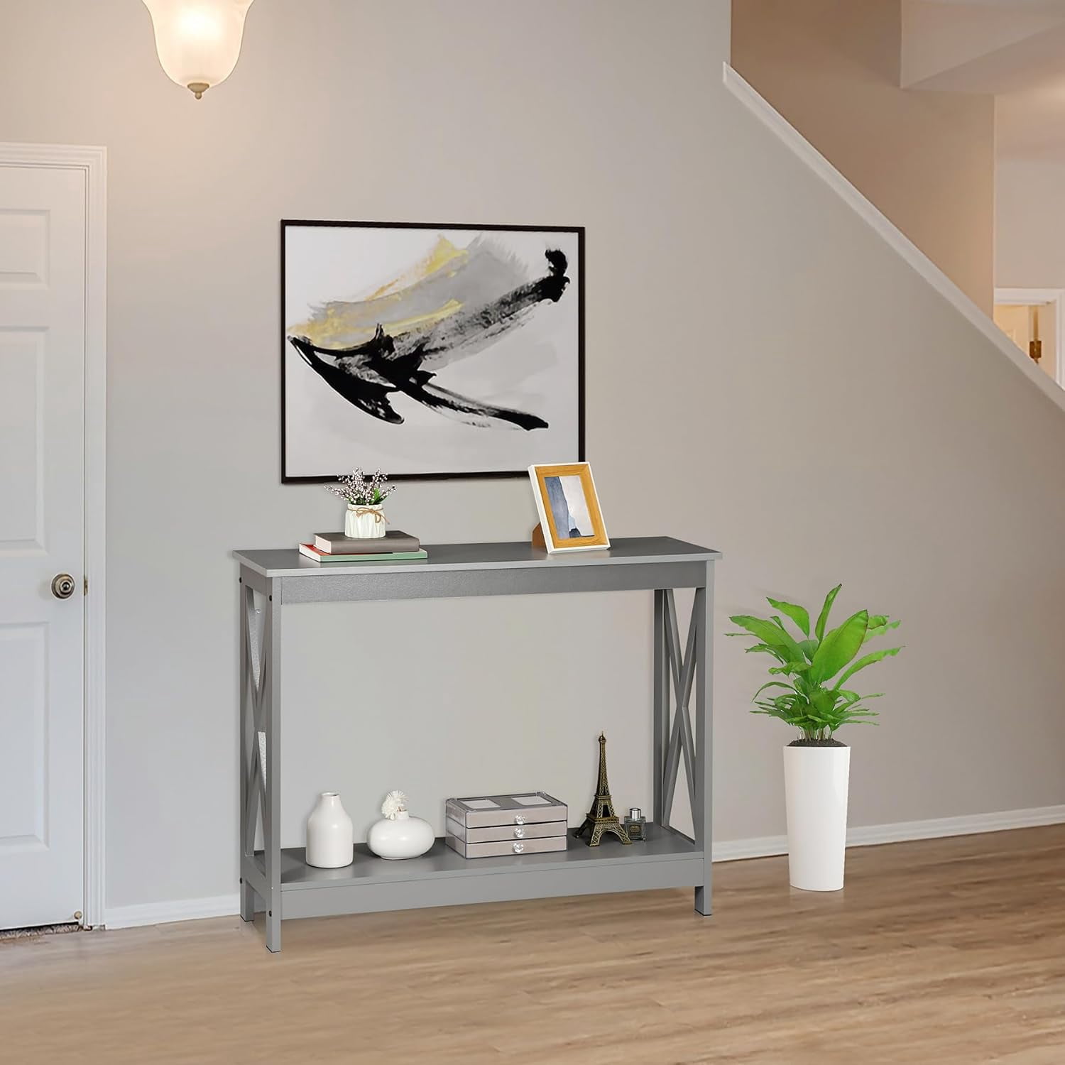 39.3" Grey Farmhouse Console Table with Open Storage Shelf, Narrow Sofa Table for Hallway