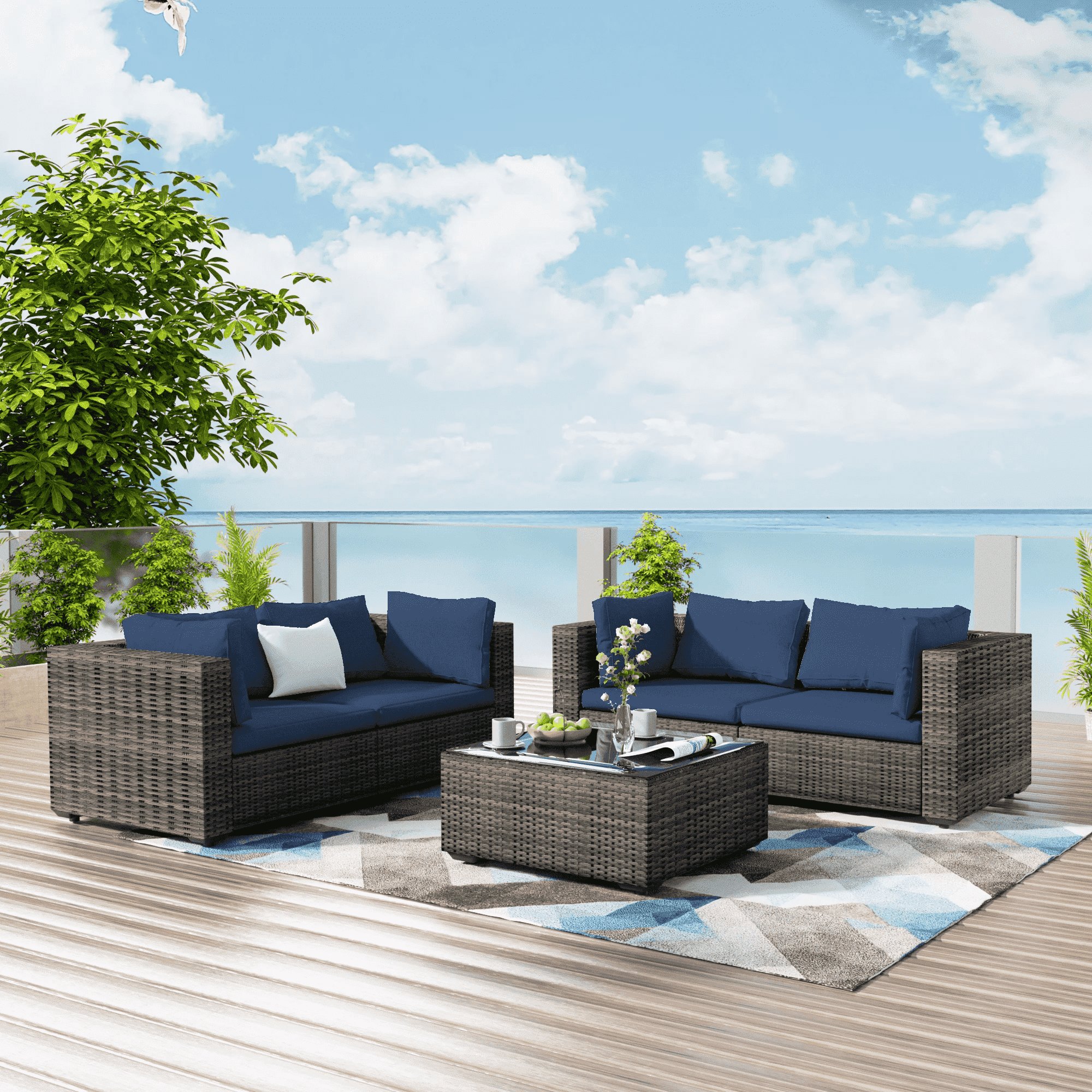 TANGJEAMER 5 Piece Patio Furniture Set, All Weather Outdoor Sectional PE Rattan, Patio Conversation Sets with Cushions and Glass Coffee Table for Garden Lawn Balcony Porch Deck,Blue