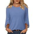 thumbnail image 2 of Qwertyu Womens Top 3/4 Sleeve T-shirts for Women Casual Crew Neck Three Quarter Length Sleeve Solid Fashion Loose Pullover Blue 2XL, 2 of 7