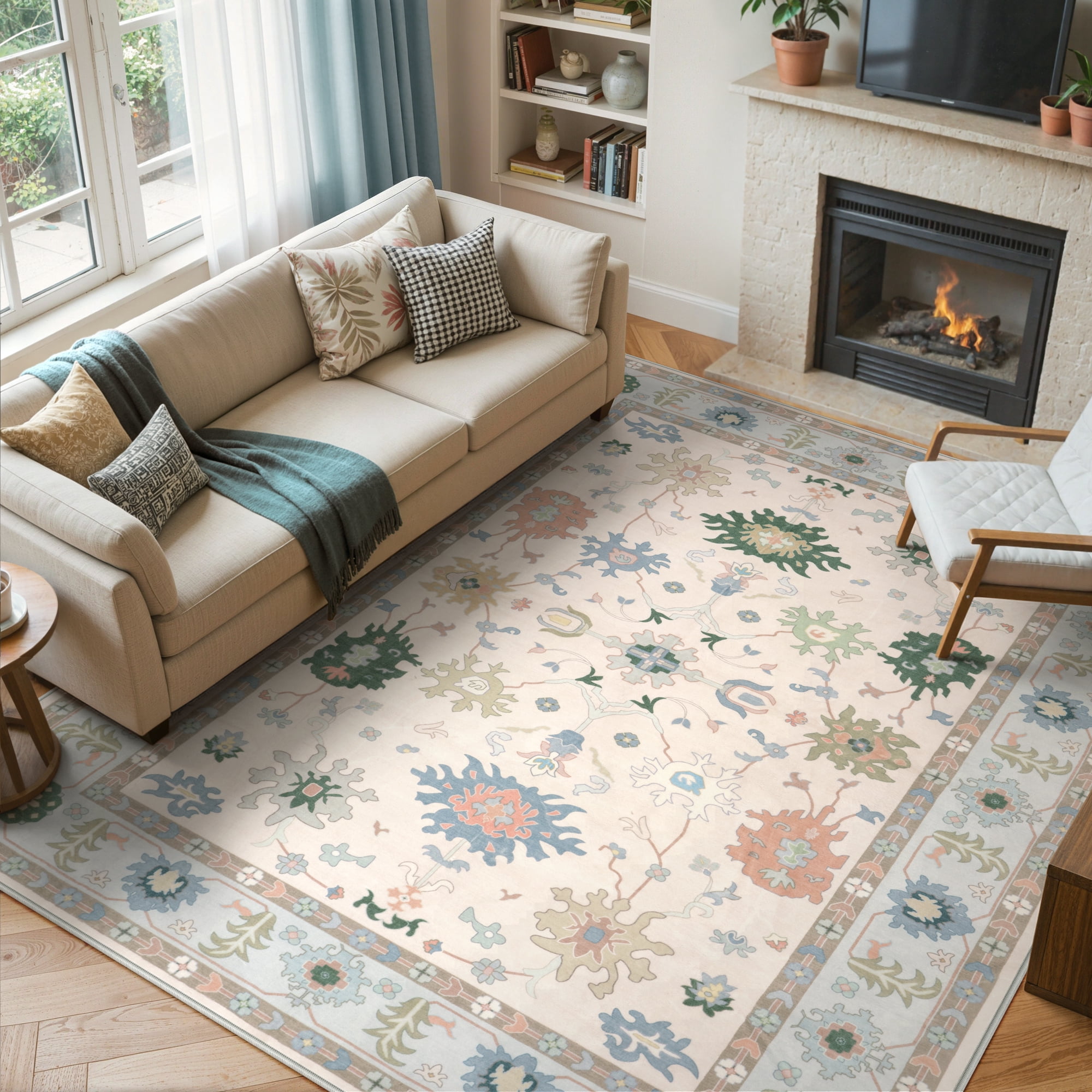 Lahome Decor 8'x10' Modern Oushak Washable Rugs,8x10ft Boho Area Rug for Living Room,Stain Resistant Soft Bedroom Rug, Ultra-Thin Cream Colorful Vintage Floral Rugs for Farmhouse Dining Room,Blue