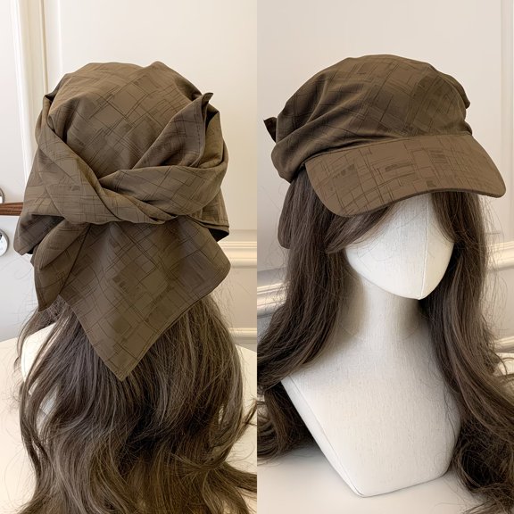 Retro Plaid Tie-Back Sun Hood Foldable Brimmed Baseball Hat with Checkered Printed Headscarf No-Tie Breathable Scarf for Women Men Outdoor Travel Hiking