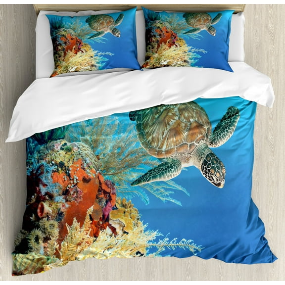 Turtle Duvet Cover Set Queen Size, Colorful Underwater with Turtle Swimming Among the Coral Reef Scenic Exotic View, Decorative 3 Piece Bedding Set with 2 Pillow Shams, Multicolor, by Ambesonne