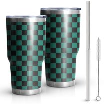 30oz Teal and Black Checkerboard Pattern Tumblers Stainless Steel Tumbler with Lid and Straw,Vacuum Insulated Double Wall Travel Tumbler Cups Mug with Cleaning Brush for Coffee,Tea