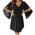 thumbnail image 5 of qucoqpe Womens Summer Mini Dress Fashion Casual Solid Color Ruffle 3/4 Sleeve V Neck Glittering Sequin Dress Loose Party Dress, 5 of 5