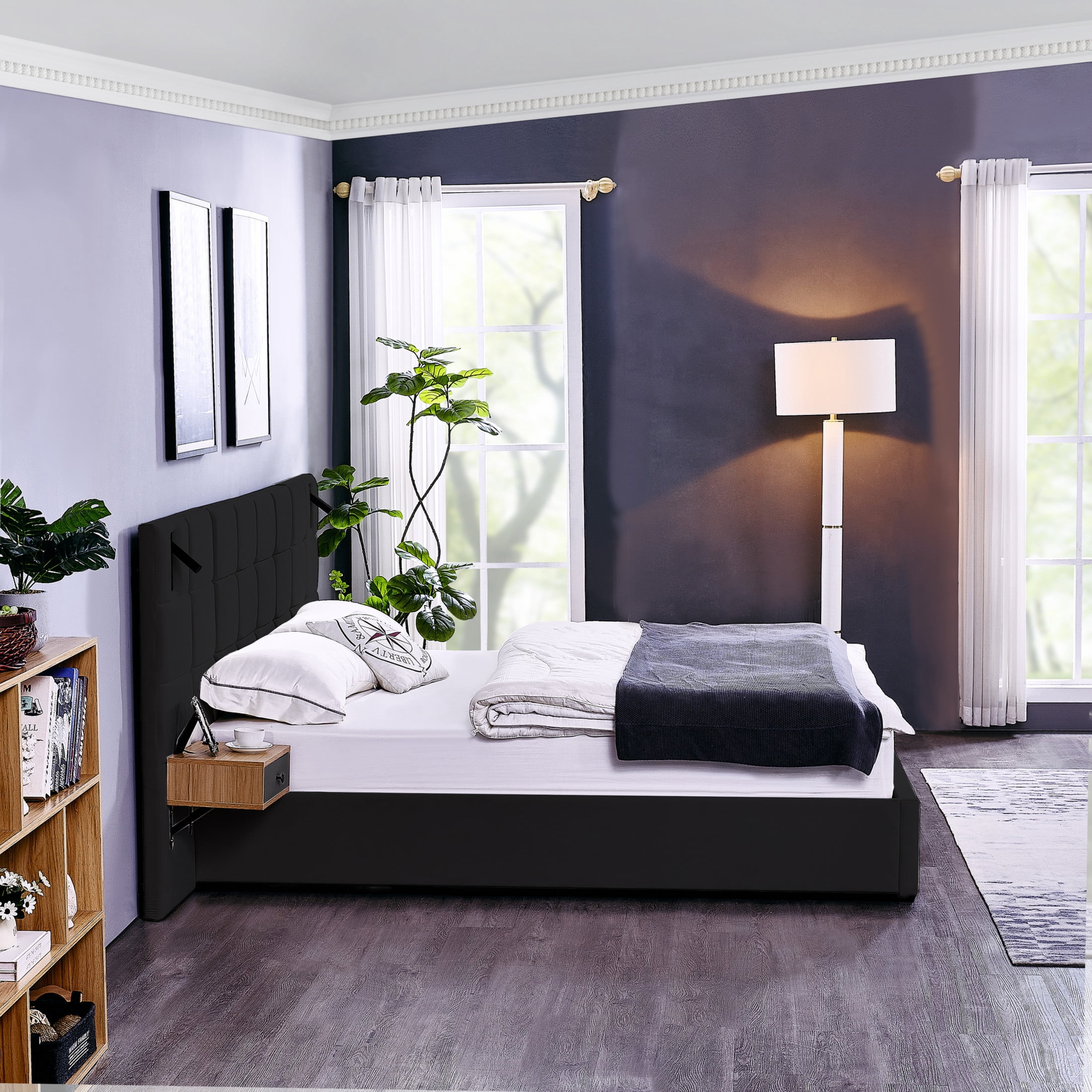 Noble House Derwin King-Size Velvet Storage Bed, Hydraulic Platform Bed Frame with Reading Lamps and USB Port, Black