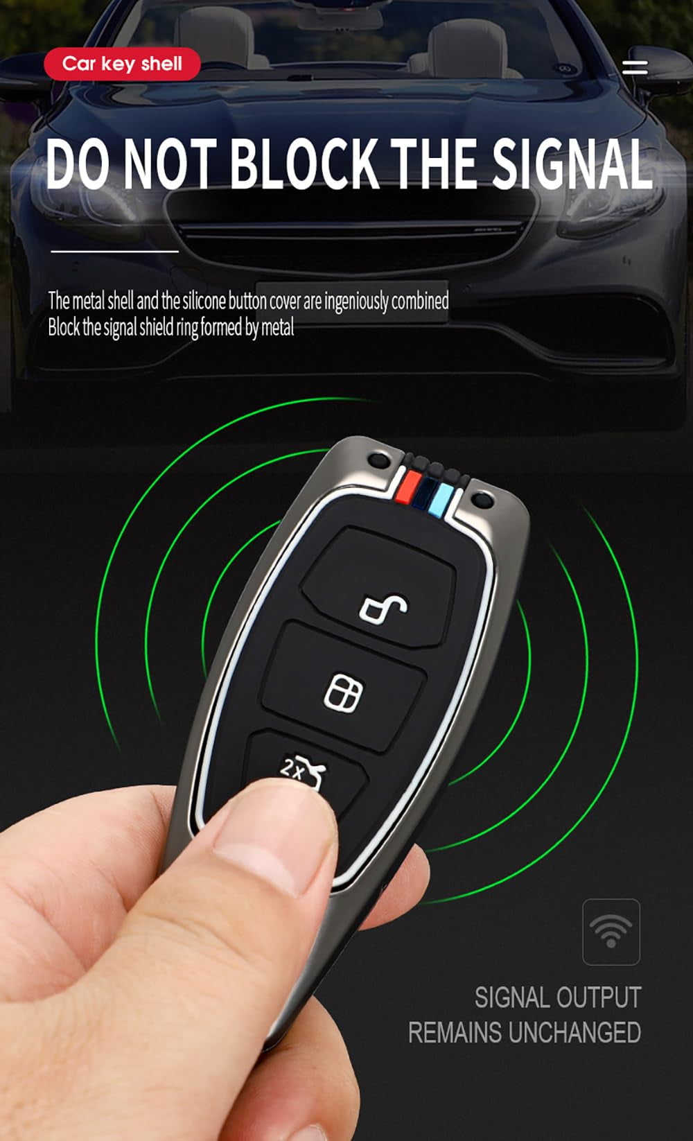 3-button Key Fob Case Fit for Ford Focus ST Car Key Cover Double Protection Metal Key Shell and Silicone Key Skin Keyless Entry Smart Remote Fit for C-Max Fiesta