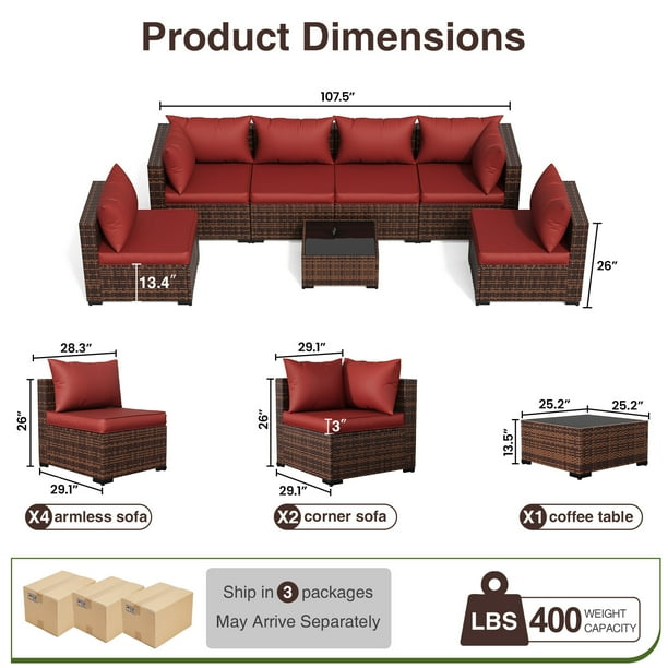 ELPOSUN 7 Pieces Patio Furniture Set All Weather Outdoor Sectional Sofa, Outdoor Modern Sectional Furniture Wicker Couch with Glass Coffee Table, Thicken Red Cushions, Water... ELPOSUN 7 Pieces Patio Furniture Set All Weather Outdoor Sectional Sofa, Outdoor Modern Sectional Furniture Wicker Couch with Glass Coffee Table, Thicken Red Cushions, Water... - Image 7