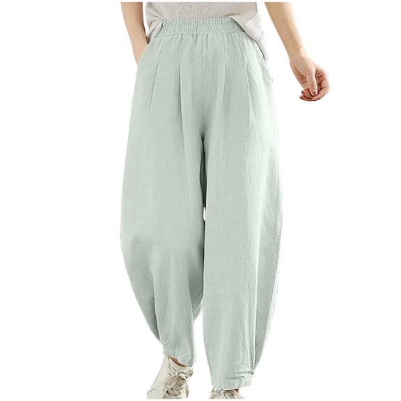 Kvture Women Cotton Baggy Palazzo Harem Pants High Elastic Waist Beach Yoga Trousers Casual Lounge Pants with Pockets Green XXL