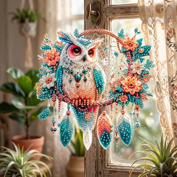 Gorgeous 2D Owl Dreamcatcher Suncatcher – Exquisite Floral Hanging Ornament with Rhinestone Accents for Home Decor, Perfect for Windows, Walls, Porches, and Garden Trees